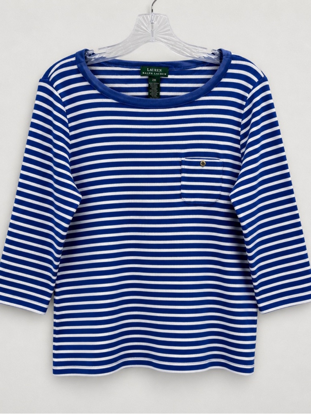 Lauren Ralph Lauren Coastal Blue White Striped Rib Knit Boat Neck Top 2X